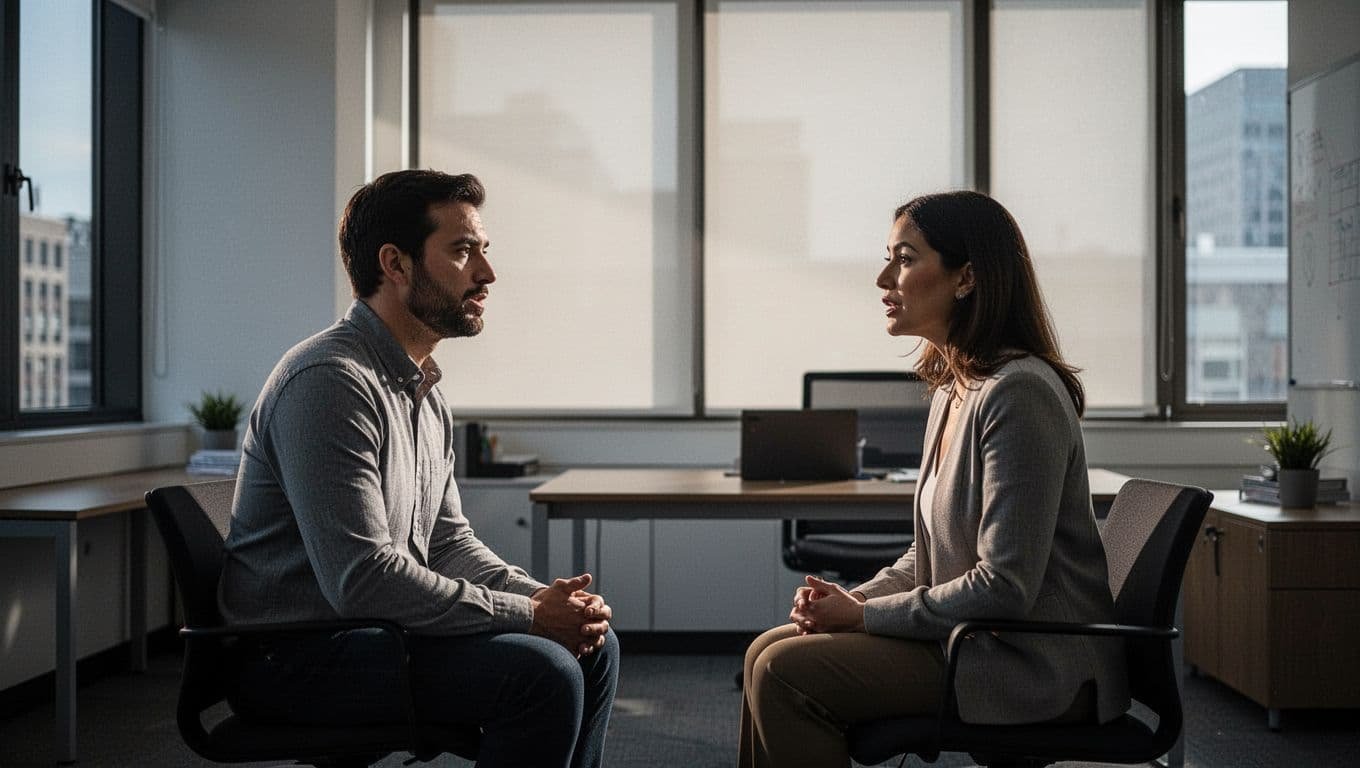 A man and woman having a supportive conversation in a dim office.
