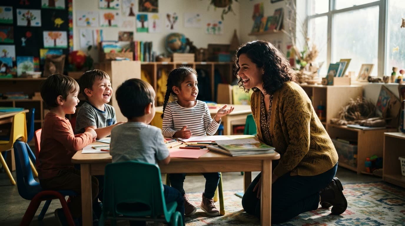 A teacher speaks to children in a bright, colorful classroom.
