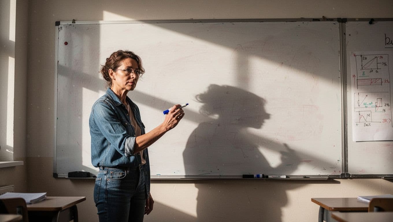 A teacher holding a marker beside a classroom whiteboard.