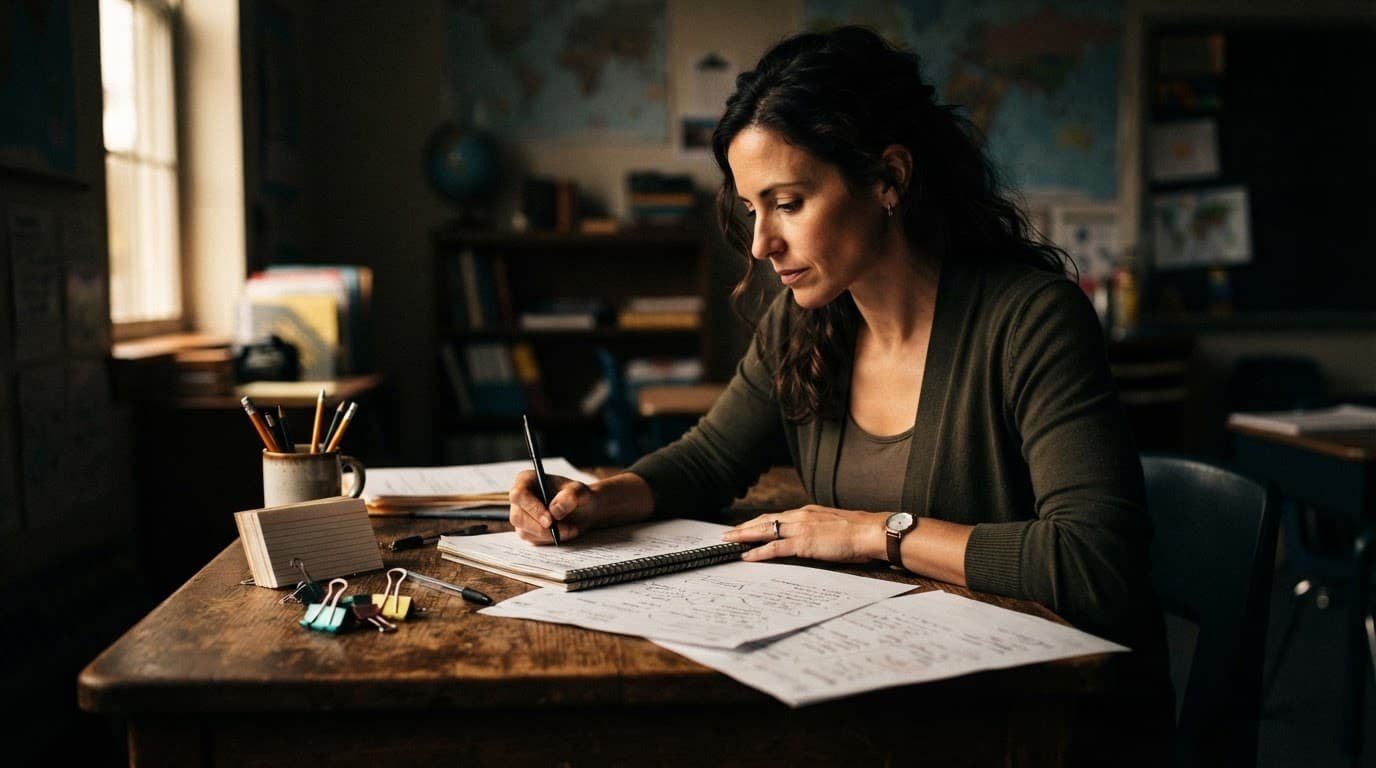 A teacher reviews notes and stationery on a wooden desk.