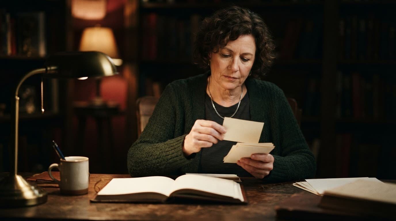 A teacher chooses a quote card beside an open book at a desk.