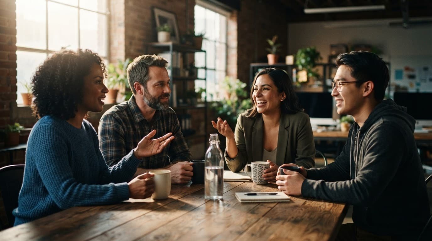 Four coworkers discuss ideas around a wooden table with coffee mugs.