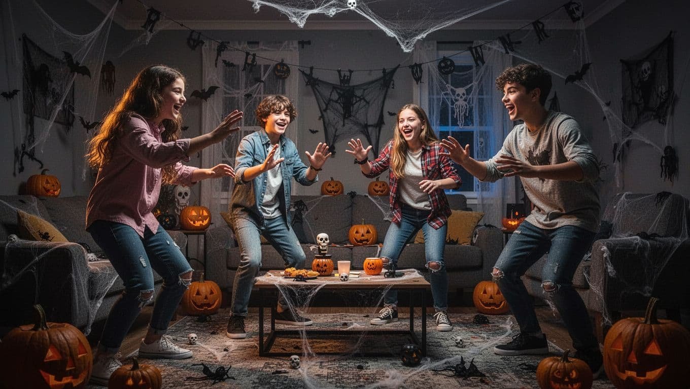 Four teens play an energetic Halloween game indoors under dramatic lighting.
