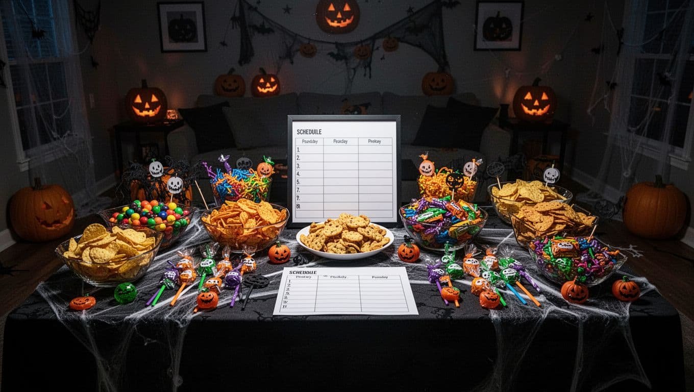 Halloween party table with snacks, small prizes, pumpkins, and a blank schedule board.