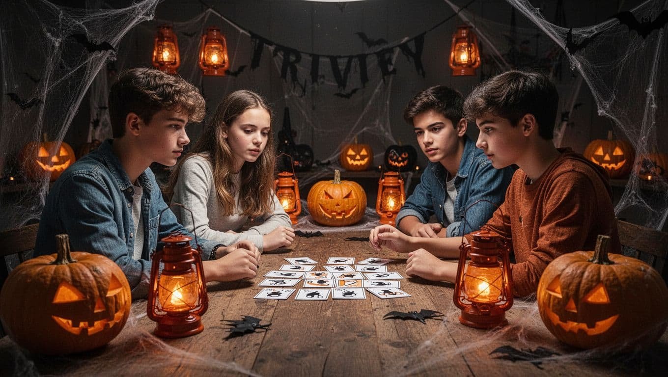 Four teens play a trivia game around a Halloween party table.