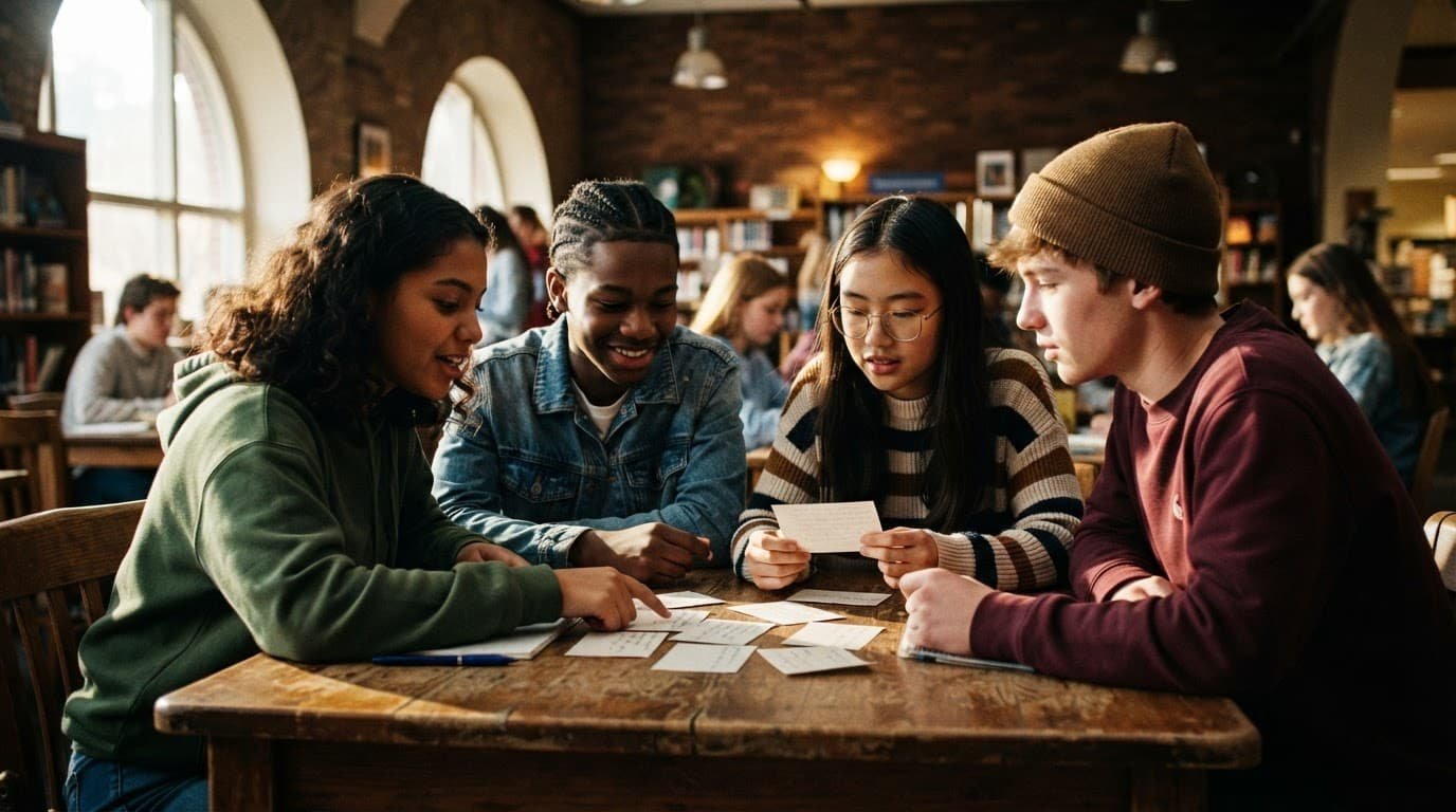 Four teens study question cards together at a table in a bright library.