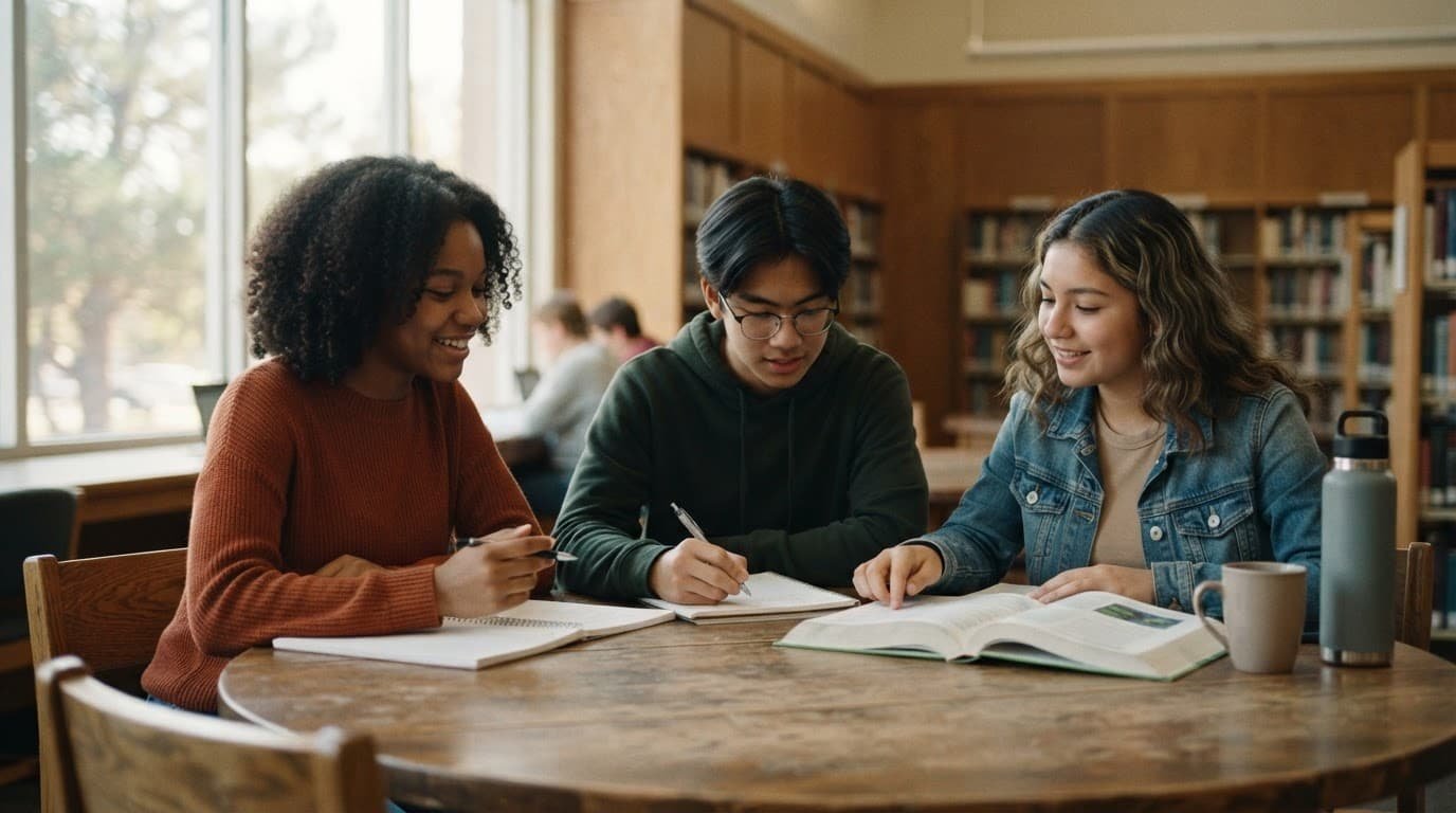Three teenagers calmly collaborate around a wooden table in a sunny school library.