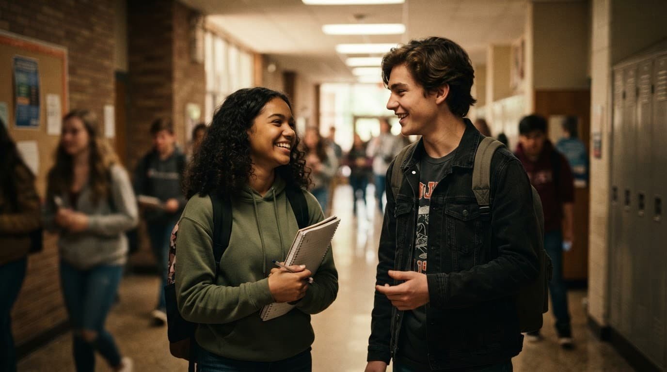 Two teens smiling and talking together in a warmly lit school hallway.