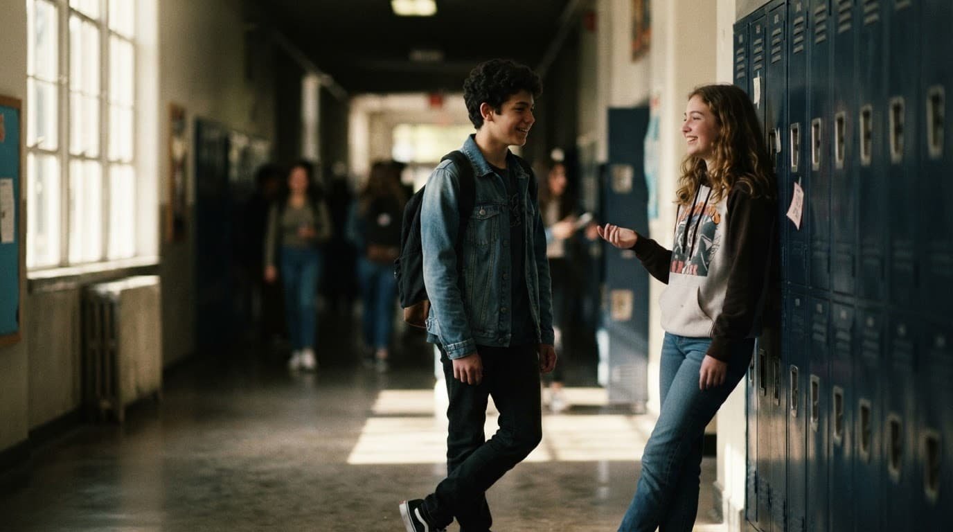 Two teens casually talking in a bright school hallway.