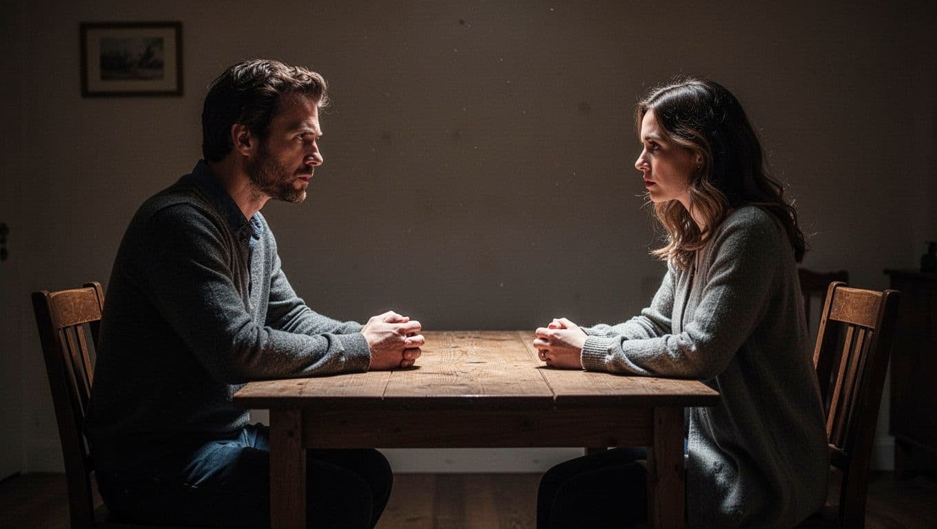 A husband and wife have a tense conversation across a wooden table.