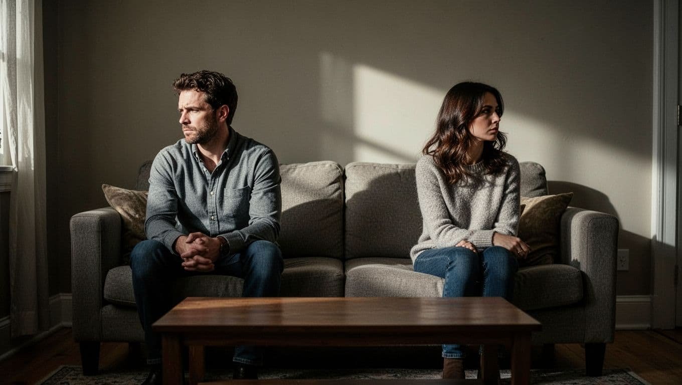 A man and woman sit apart on a sofa in dramatic light.