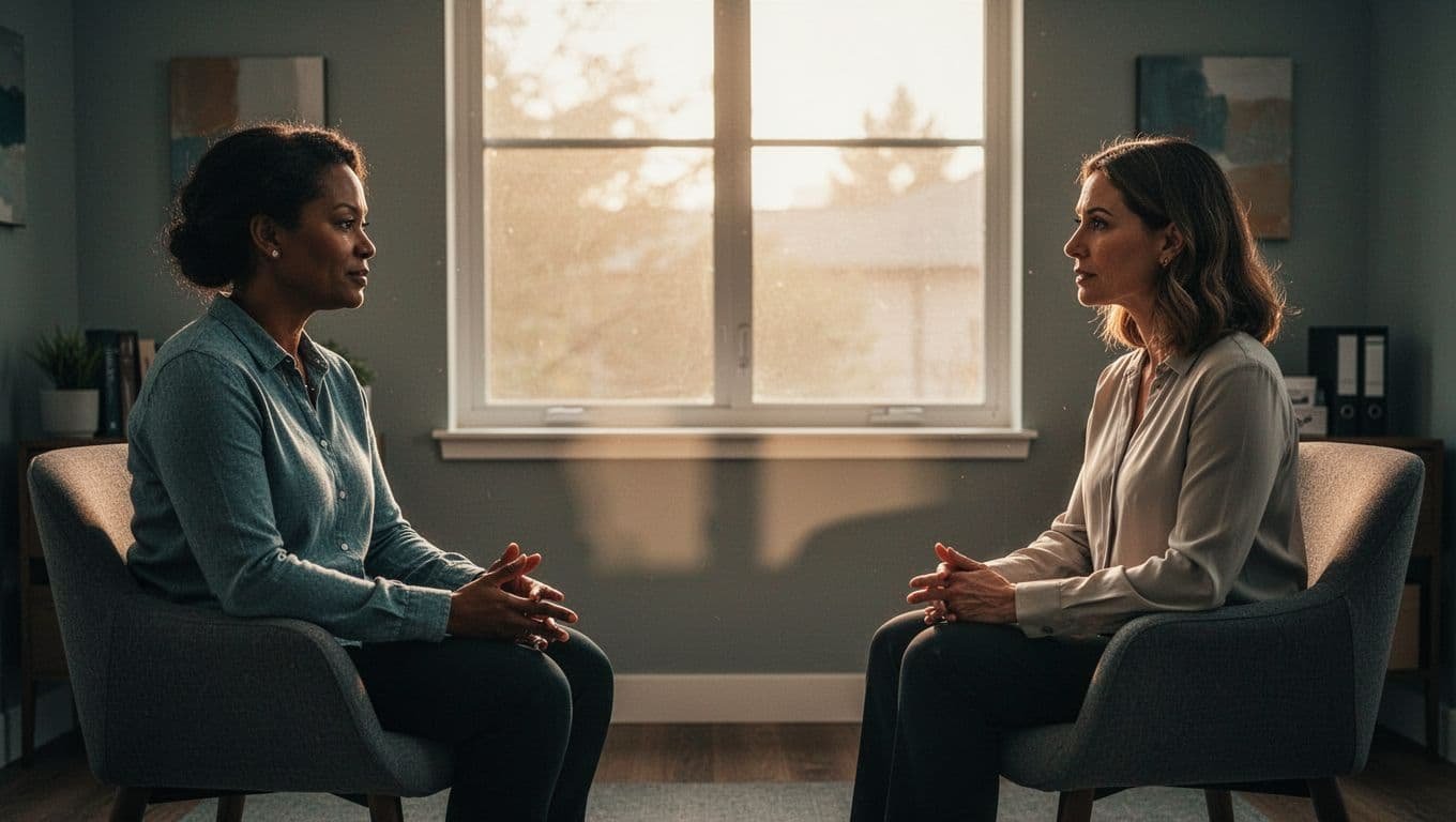 Two adults talk calmly in a softly lit therapy office.