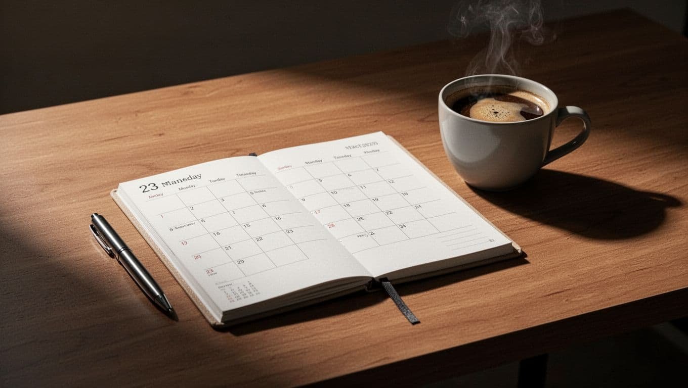 A planner, pen, and warm coffee cup arranged on a clean wooden desk.