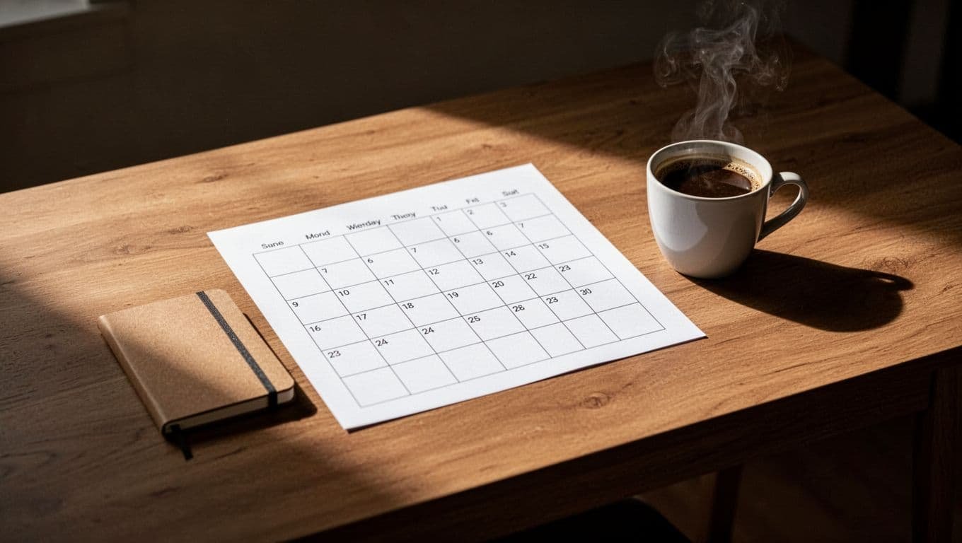 Wooden desk with a thirty-day calendar, notebook, and coffee cup in dramatic light.