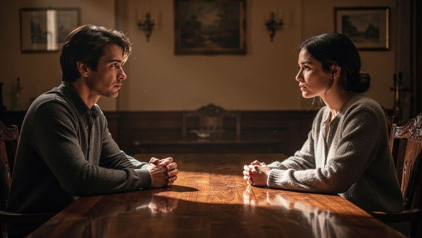 Two people have a quiet conversation across a wooden table in warm light.