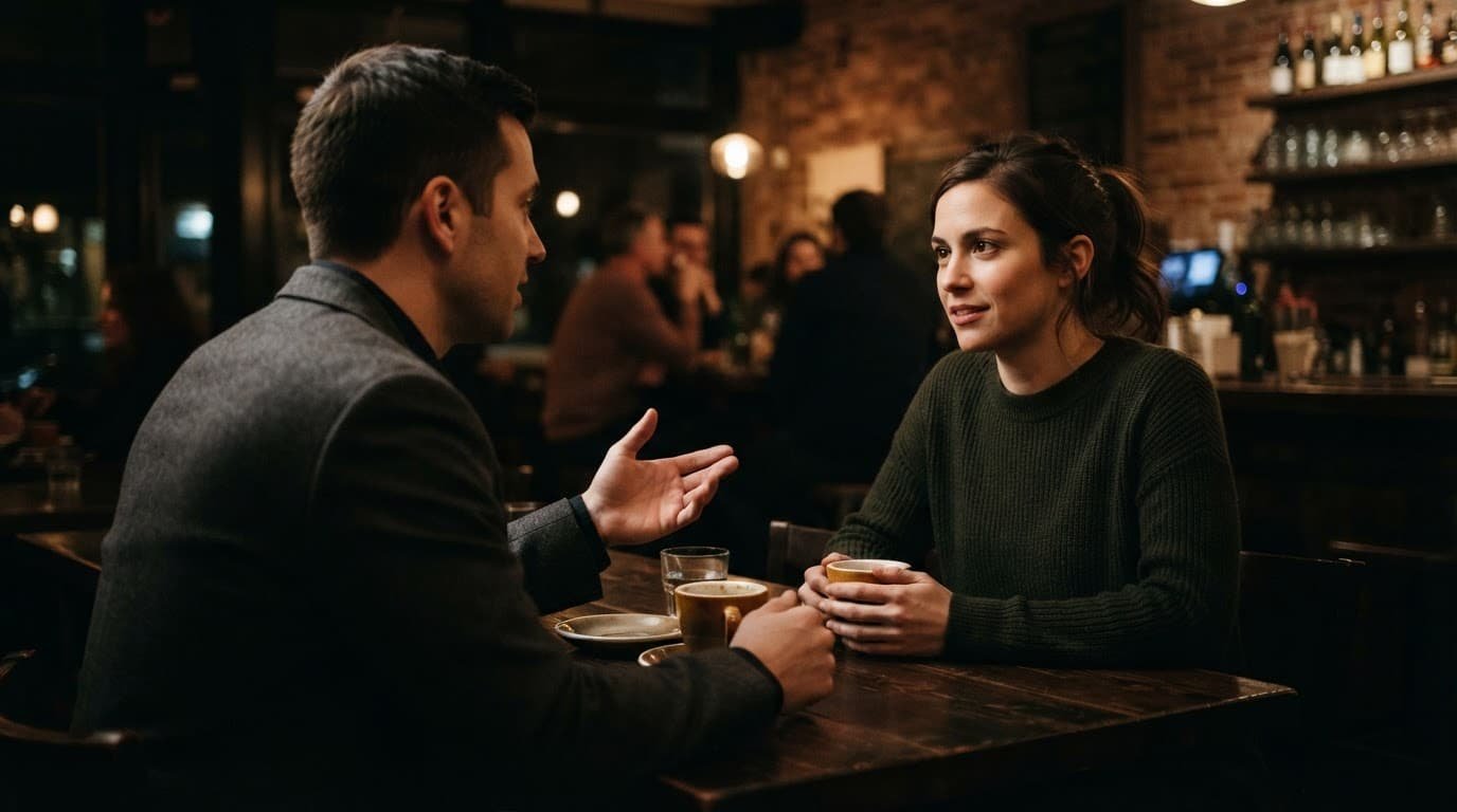 Two people talk across a wooden table in warm, dramatic light.