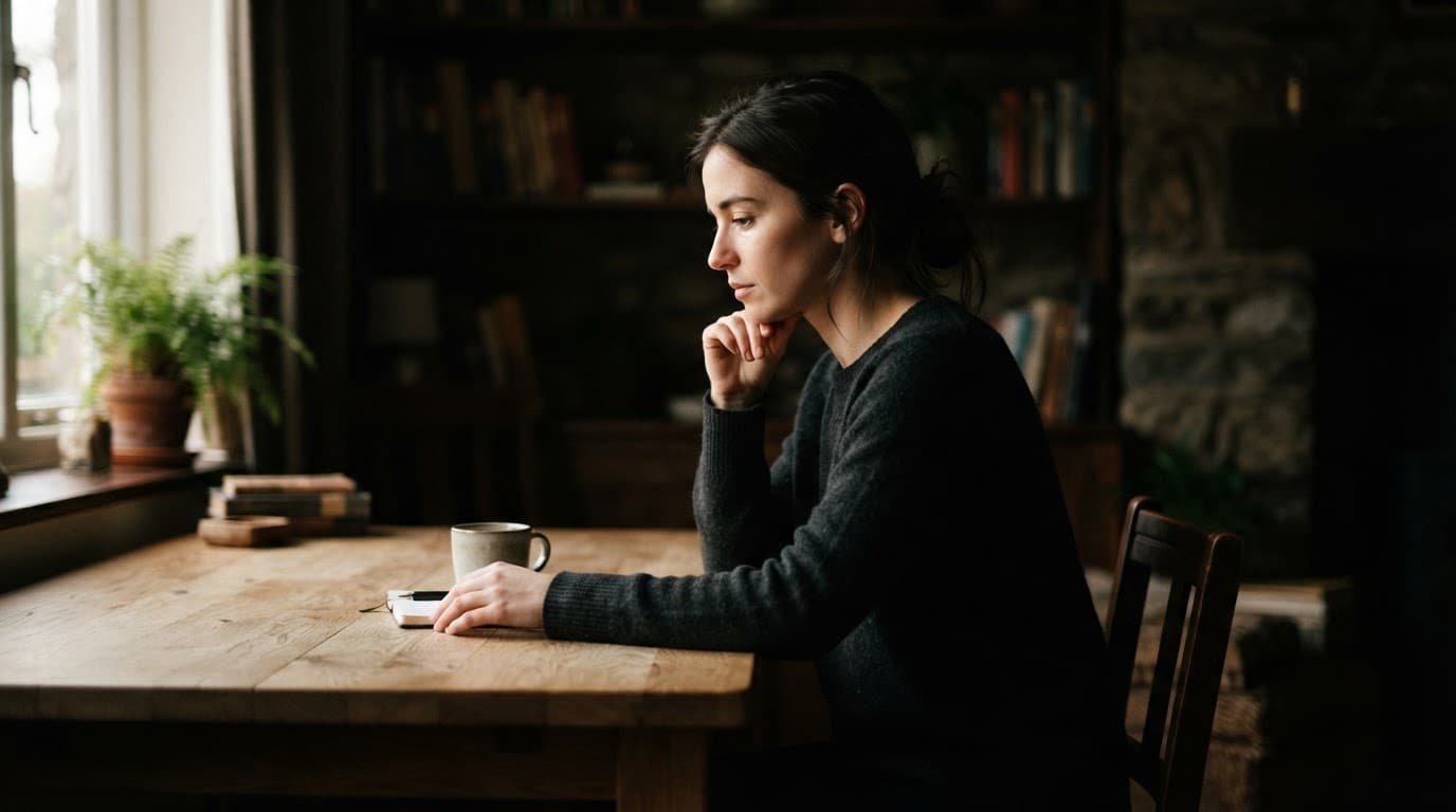 A thoughtful person sits alone at a wooden table in dramatic light.