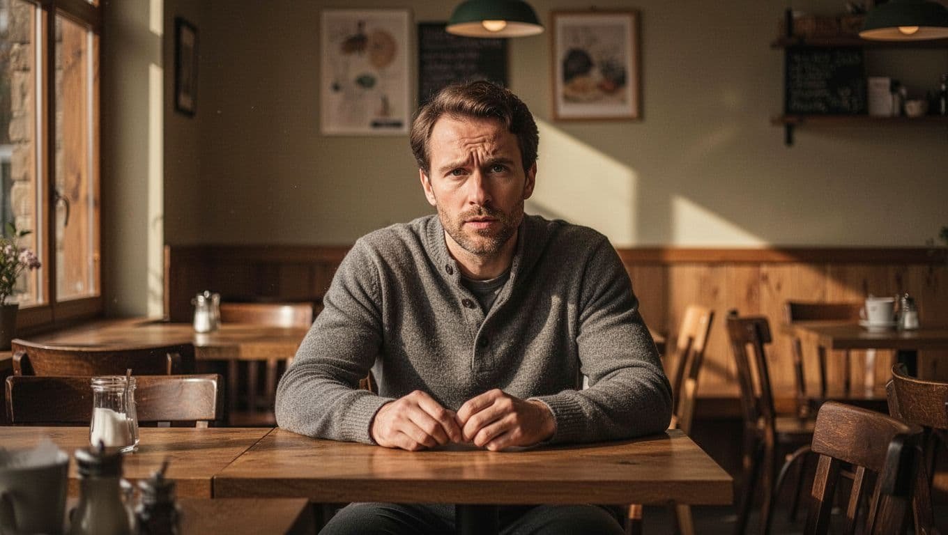 Thoughtful man seated alone at a warmly lit cafe table.