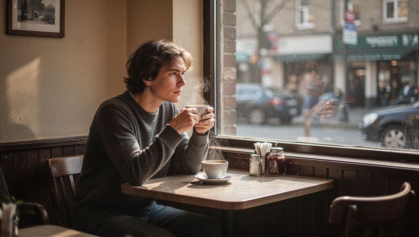 A person sits alone at a café table in soft morning light.