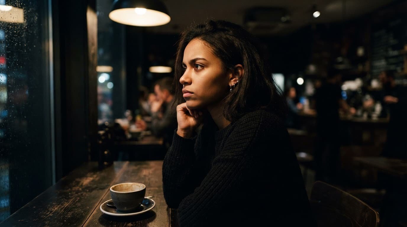 A young person watches the cafe with a thoughtful expression.