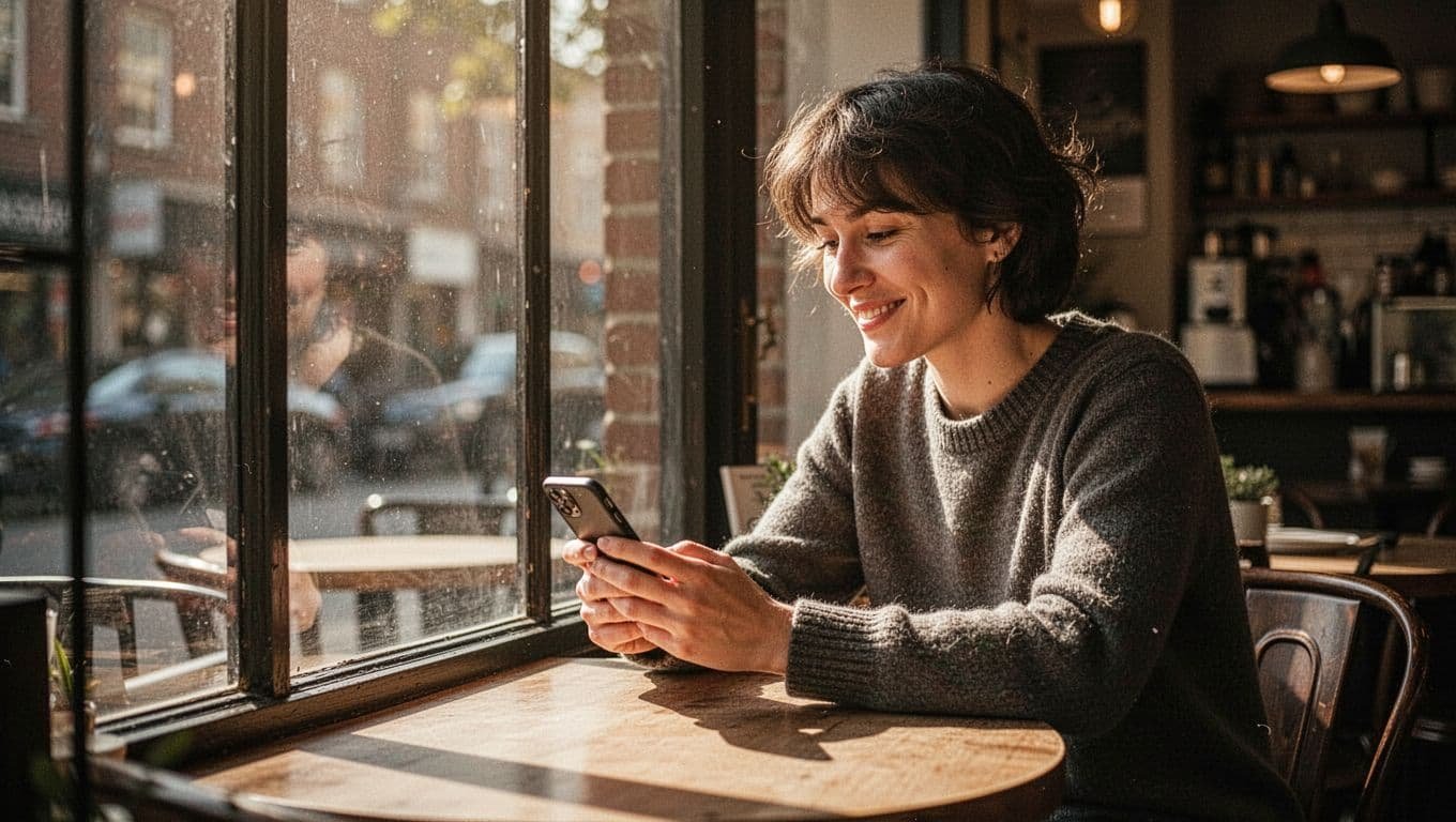 A person smiles thoughtfully at a smartphone beside a bright cafe window.