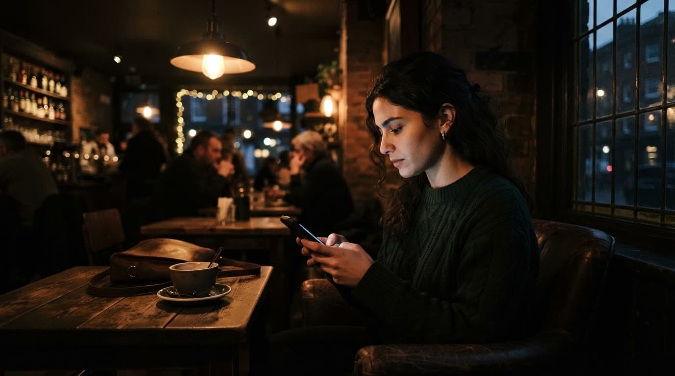 A thoughtful person reads a smartphone in a warmly lit cafe.