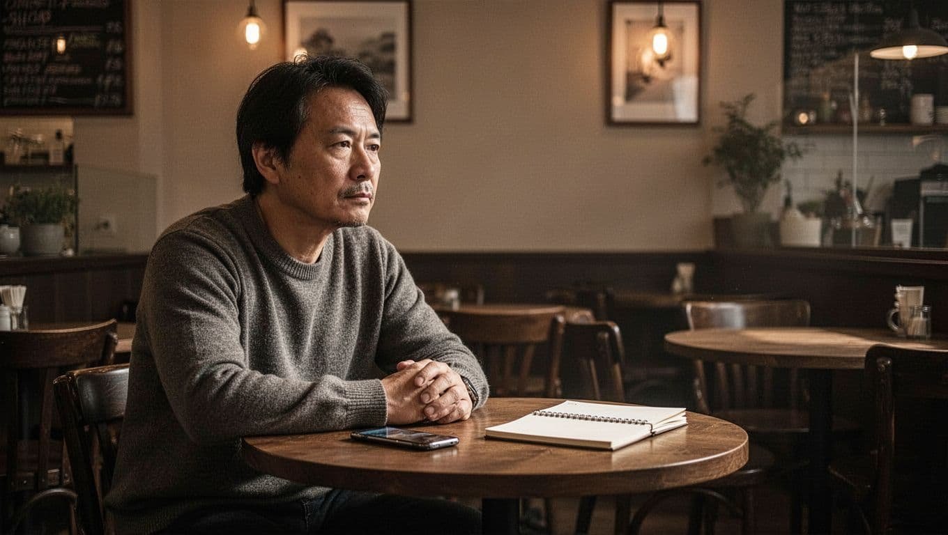 An adult reflects alone at a cafe table with a phone beside a notebook.