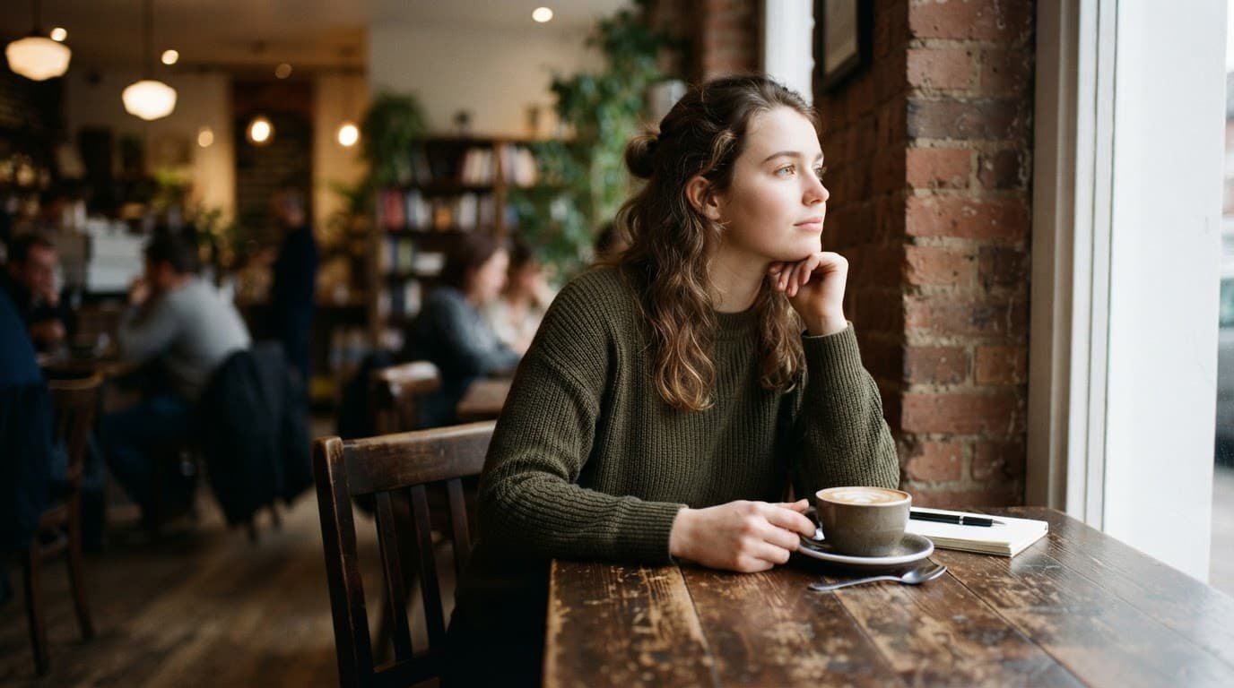 A thoughtful young adult sits alone at a cafe table in soft side light.