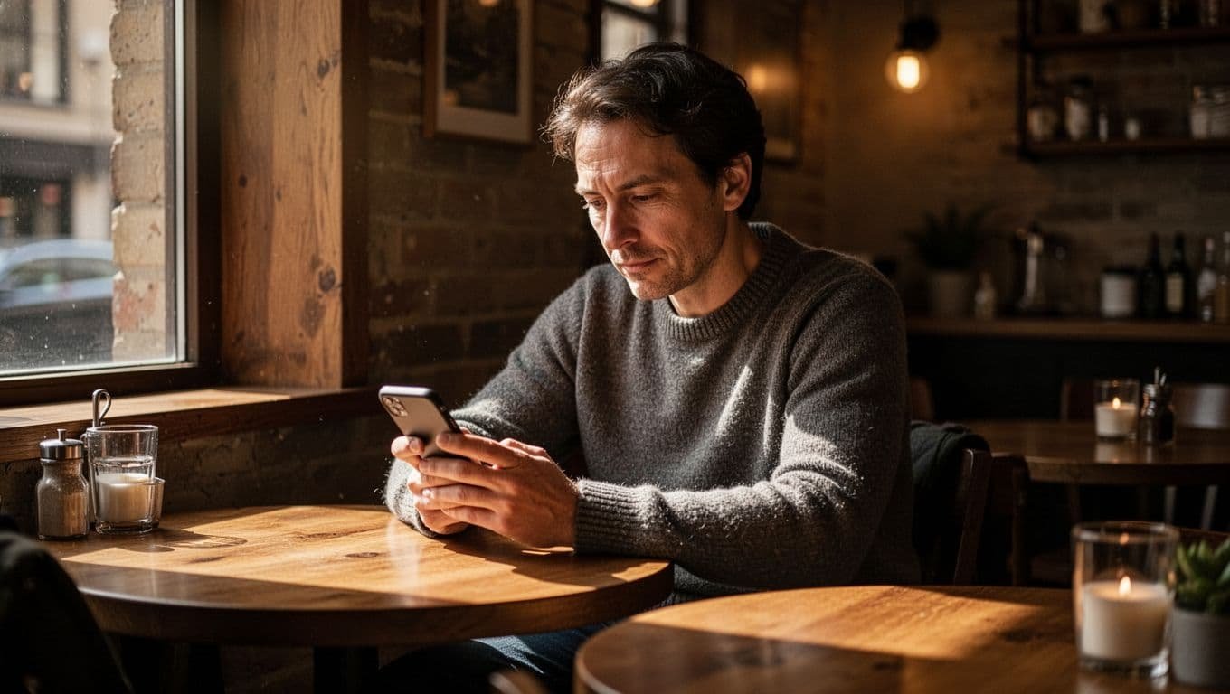 A person thoughtfully looks at a smartphone in a dimly lit cafe.