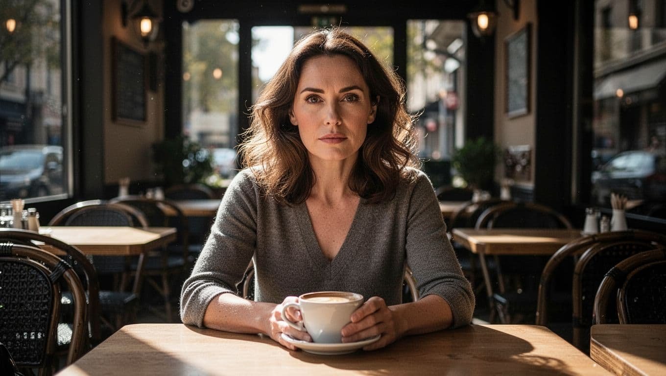 A thoughtful woman sits alone at a bright cafe table.