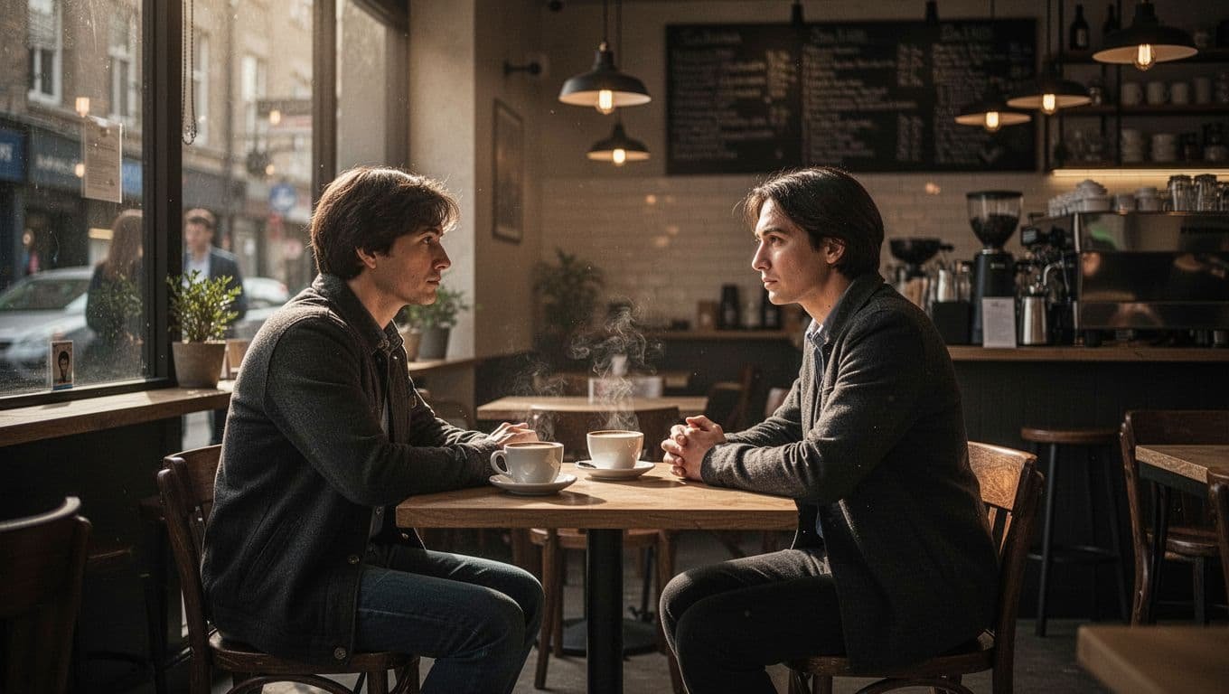 A thoughtful person sits alone in a warmly lit coffee shop.
