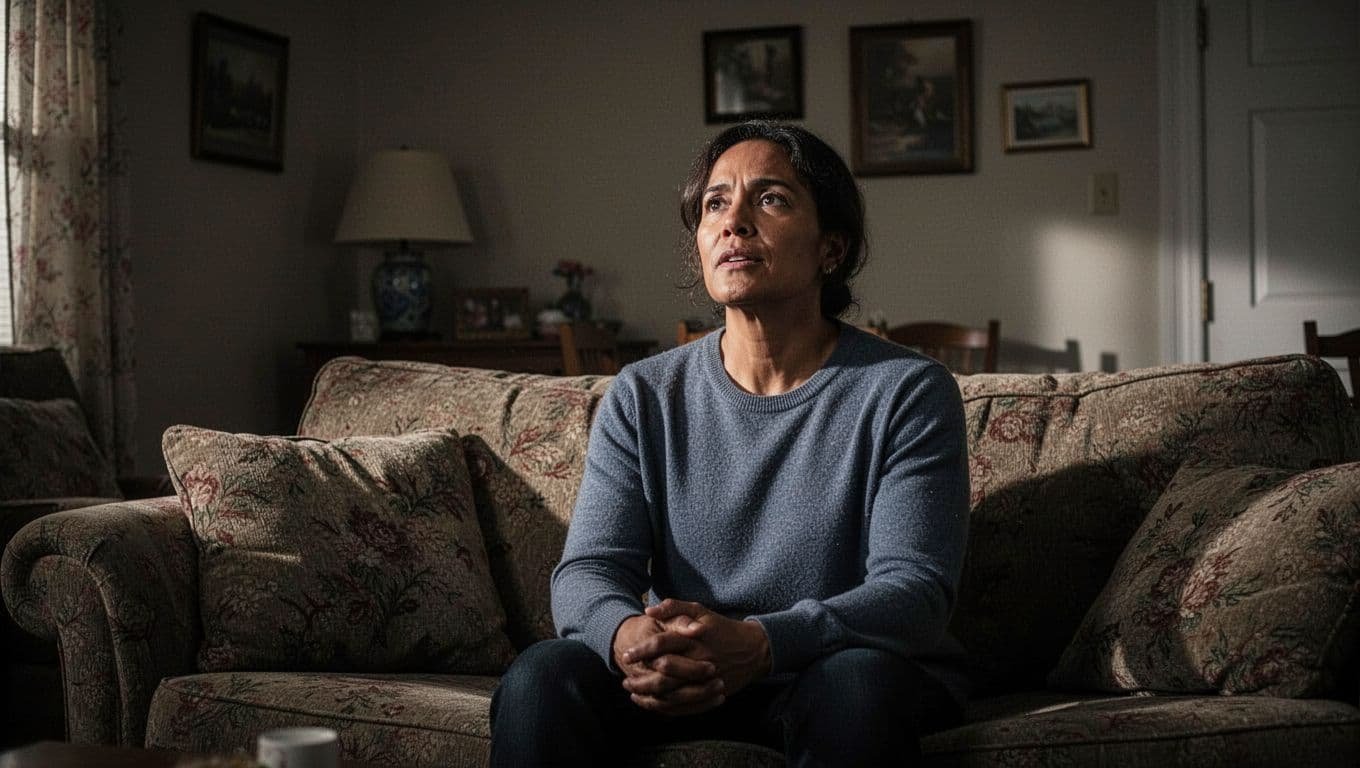 A thoughtful person sitting on a couch in dramatic light.