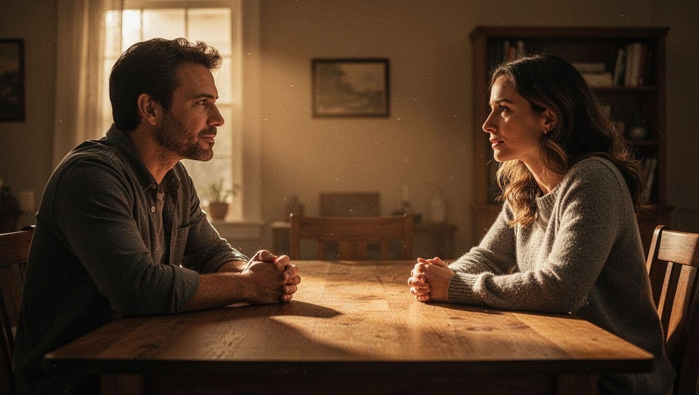 A man and woman having a serious conversation across a wooden table.