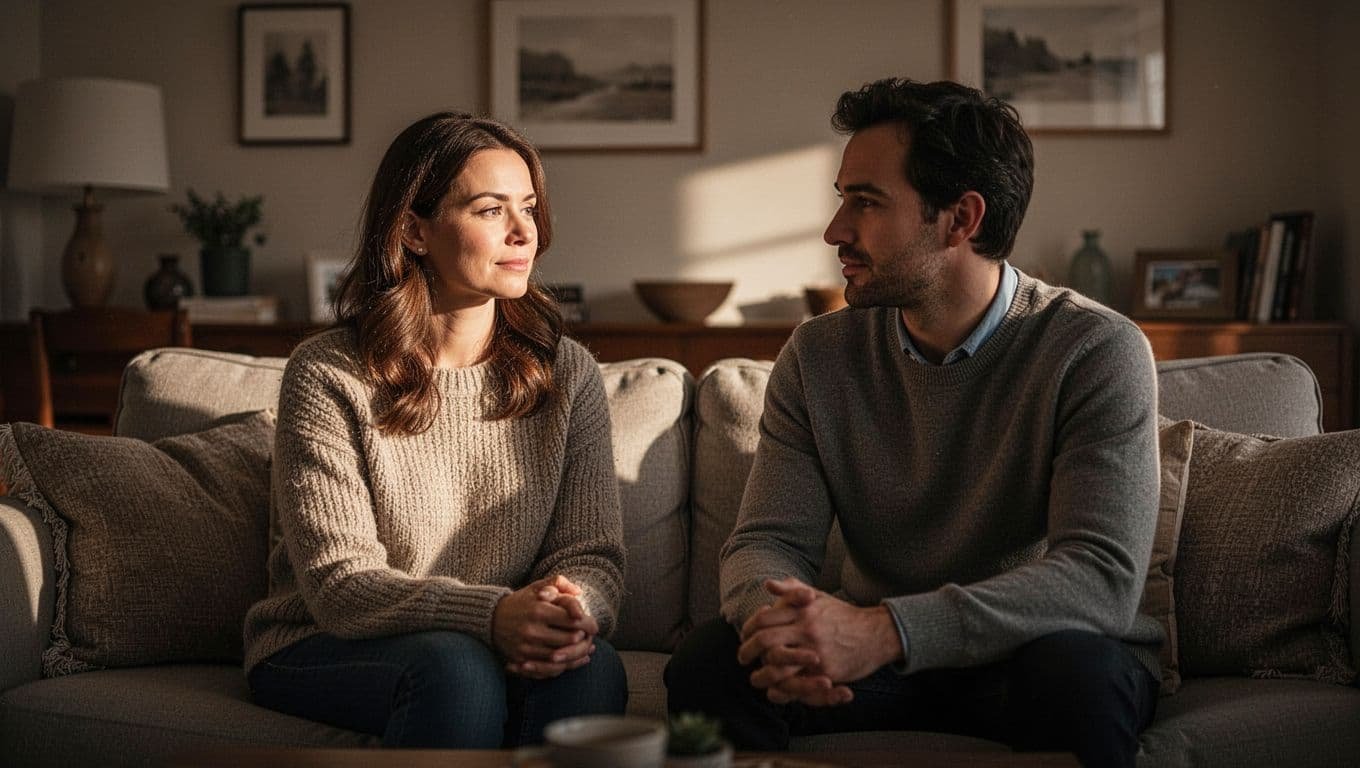 A couple talks quietly on a sofa, with one person in focus in a warm living room.
