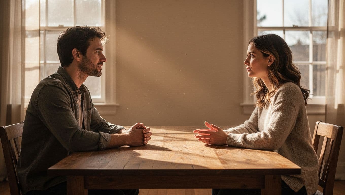 A man and woman calmly talking across a wooden table in a sunny room.