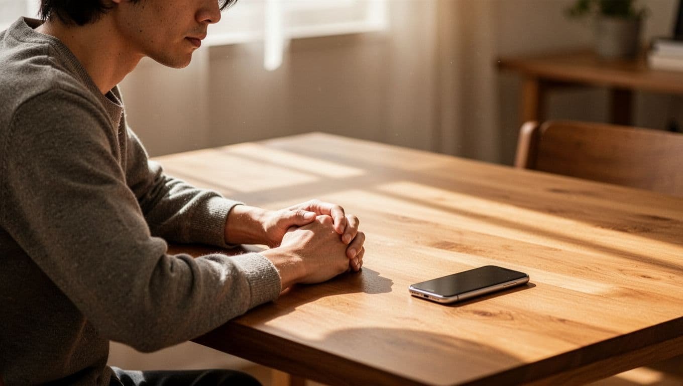 A person sits at a wooden desk with a phone nearby in warm natural light.