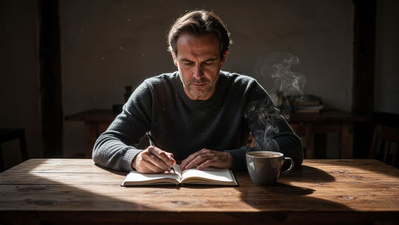 A person studies a notebook beside coffee at a shadowy wooden desk.