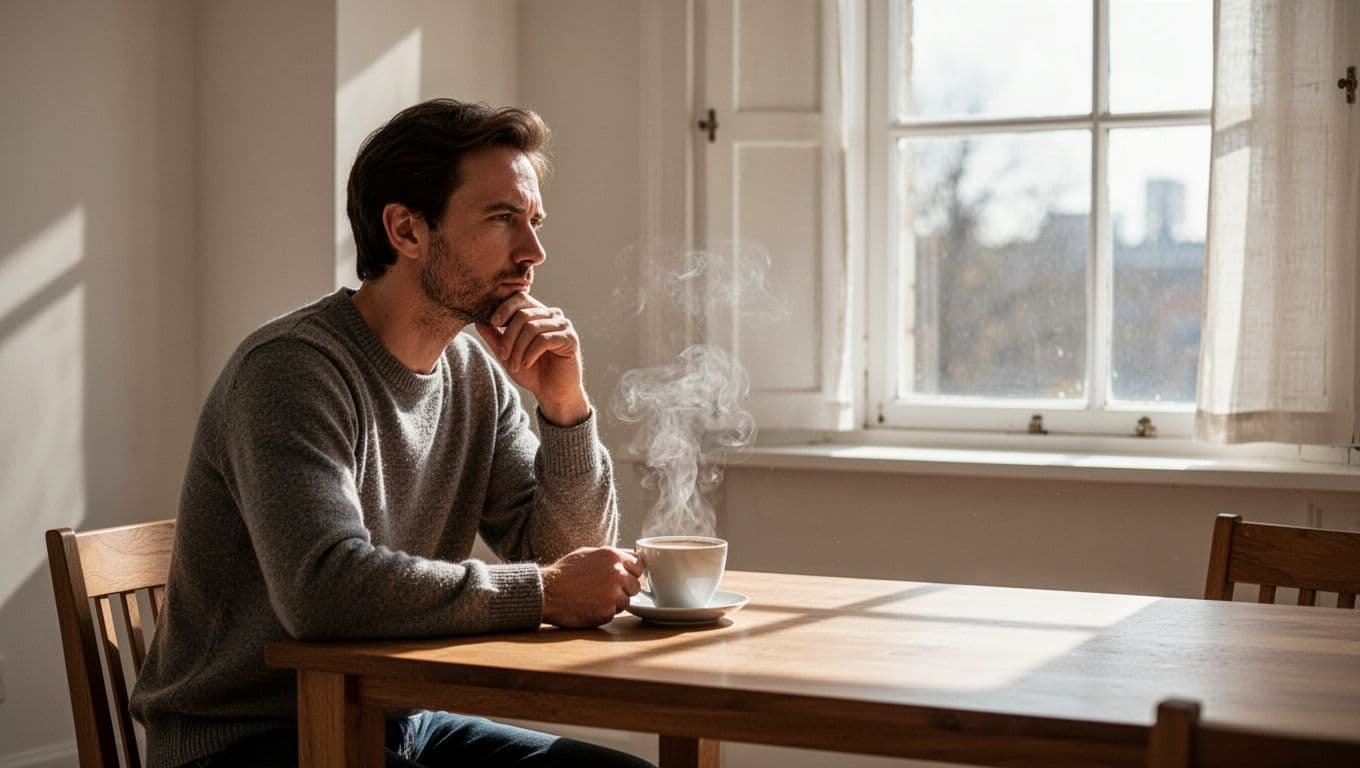 A thoughtful man sits at a wooden table with a cup of coffee.