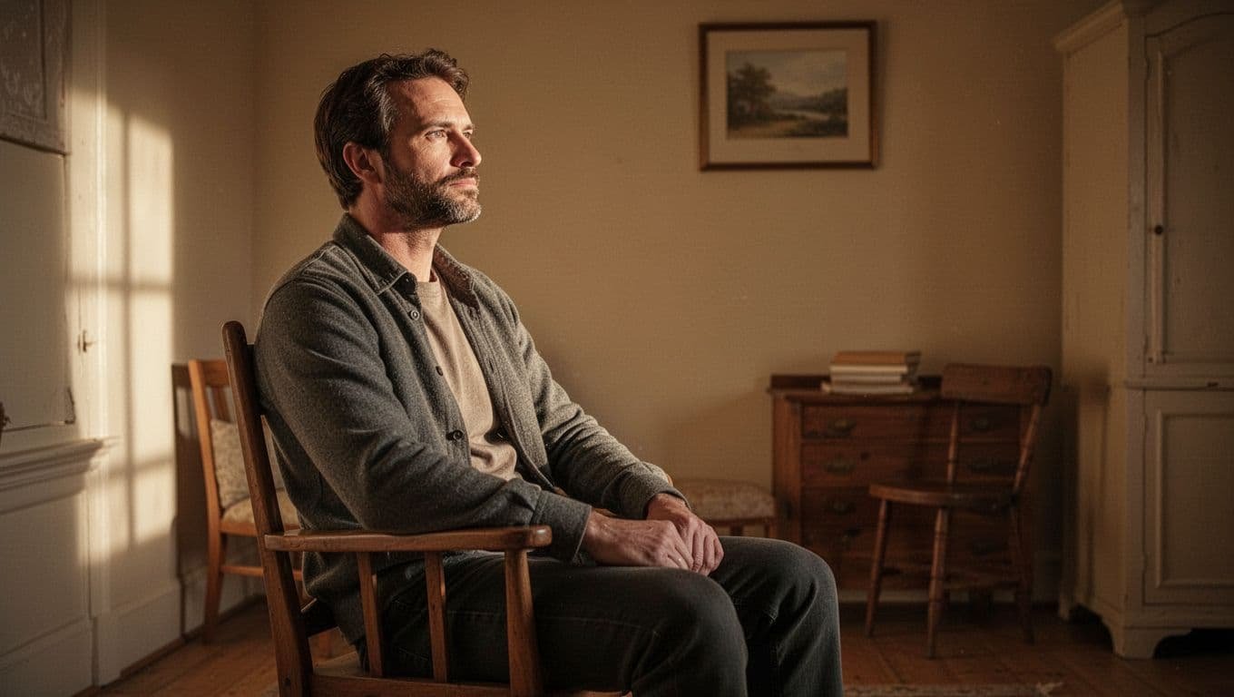 A man sits alone on a wooden chair, looking away in quiet reflection.
