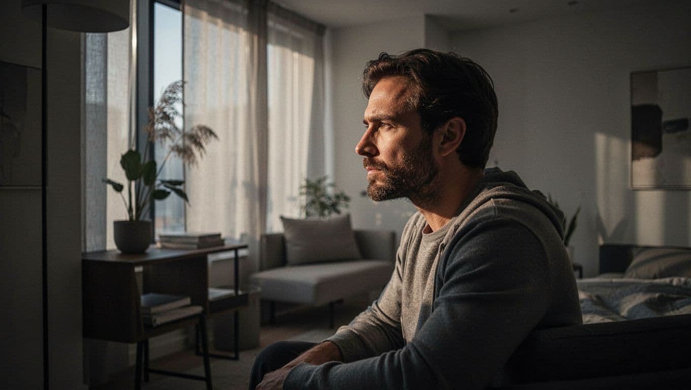 A thoughtful man gazes out a softly lit window in a modern apartment.