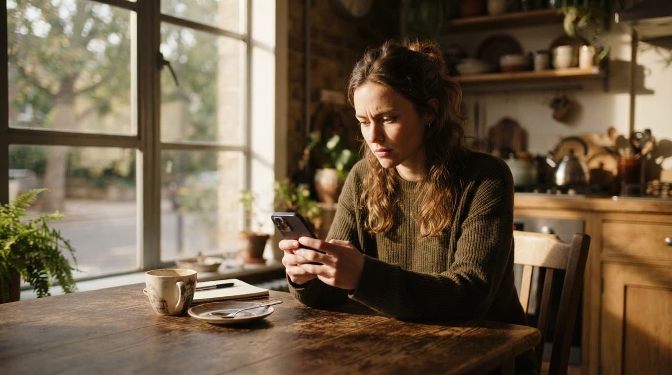 A person studies a smartphone at a kitchen table in morning sunlight.
