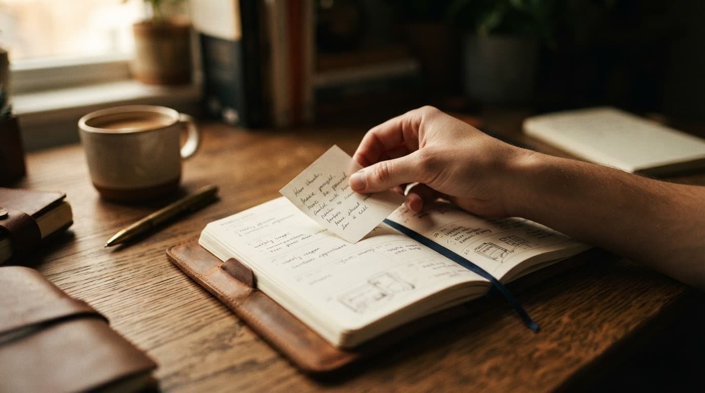 A hand places a handwritten note inside an open planner on a wooden desk.