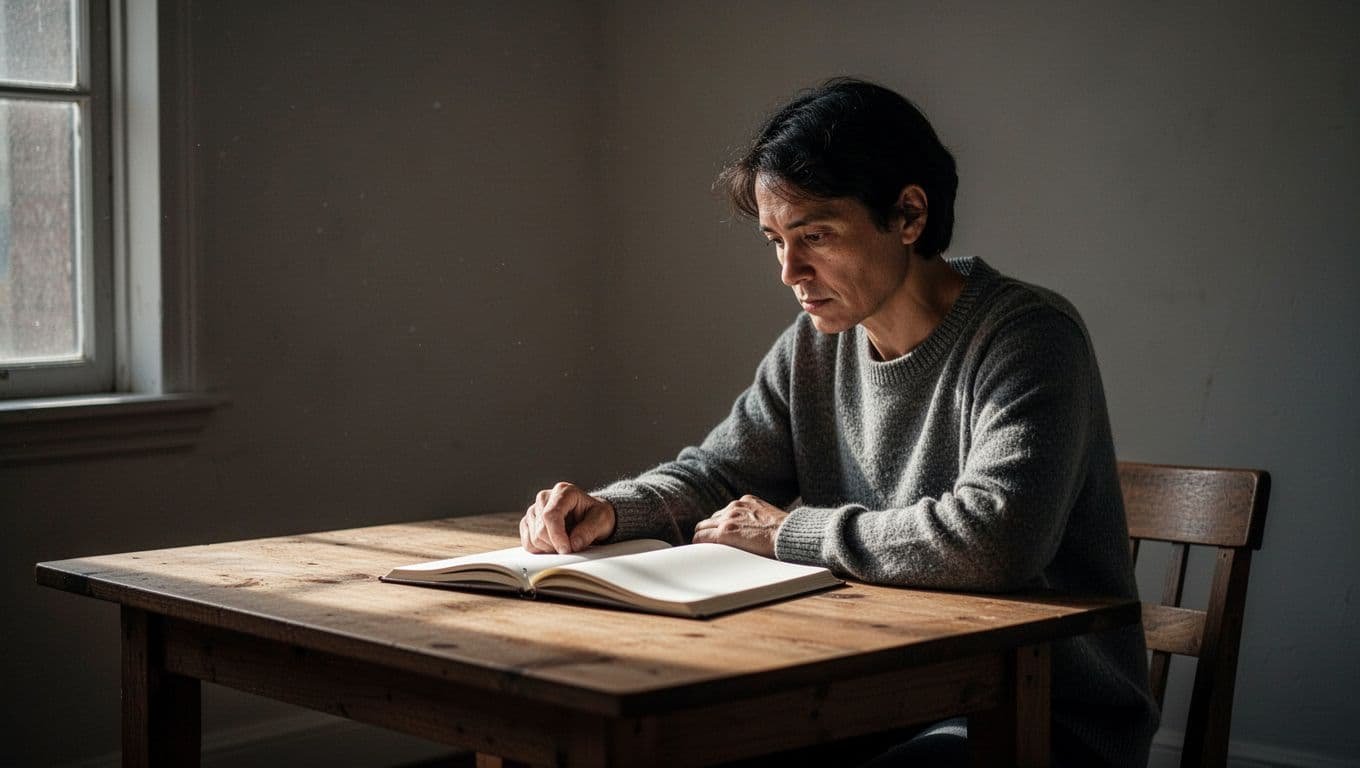 A person studies an open notebook at a wooden table in a dim room.