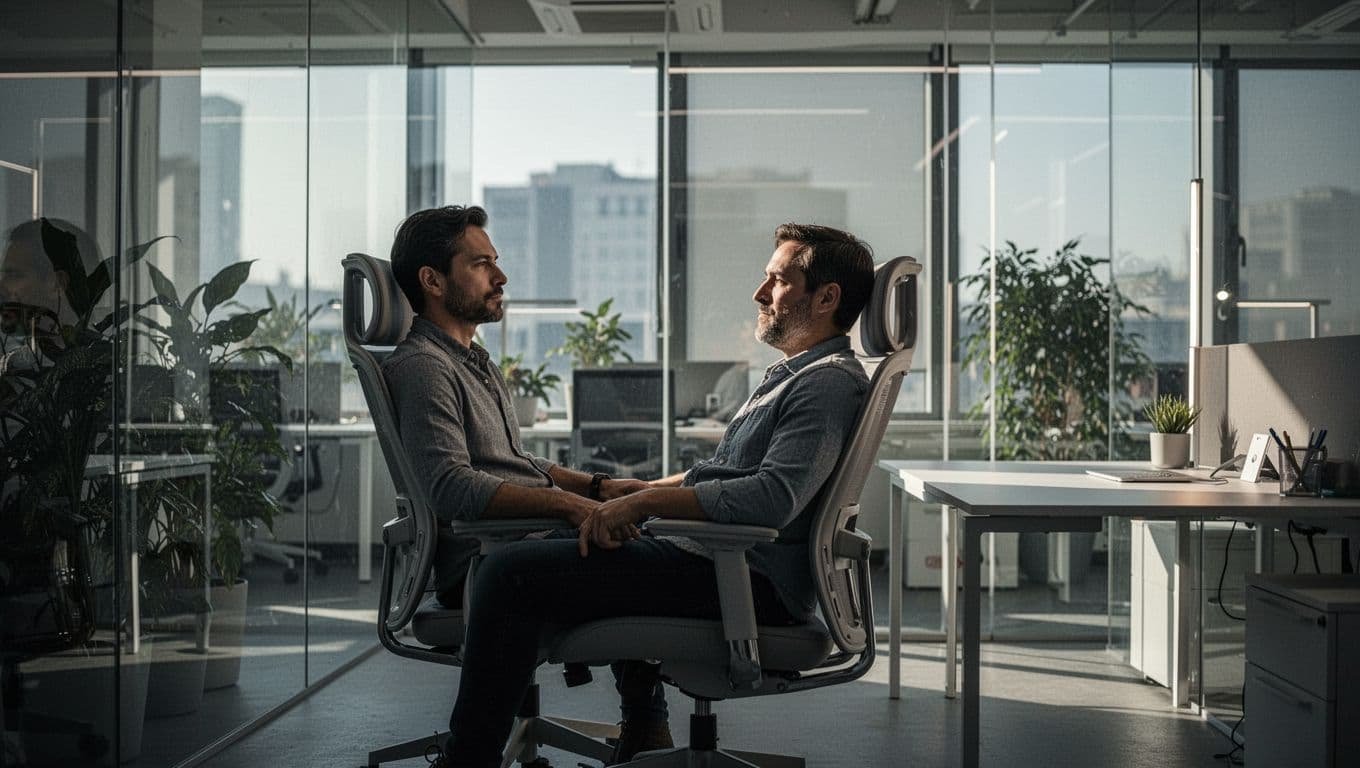 A person sits thoughtfully in a brightly lit modern office.