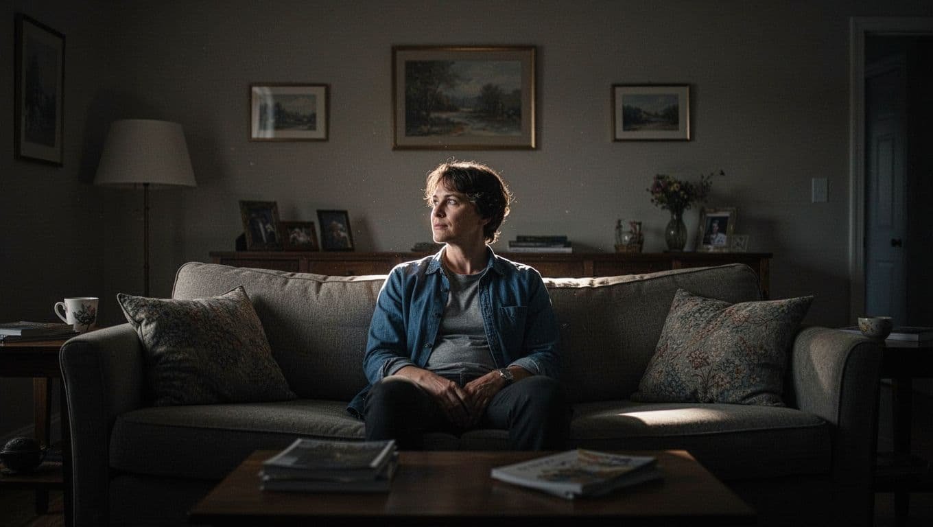 A thoughtful person sits alone on a couch in a dark living room.