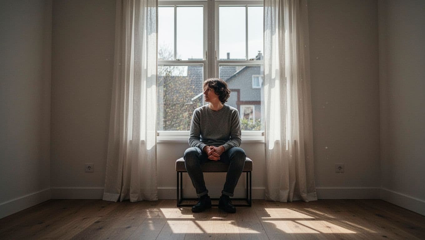 A thoughtful person sits beside a sunny window in a quiet room.