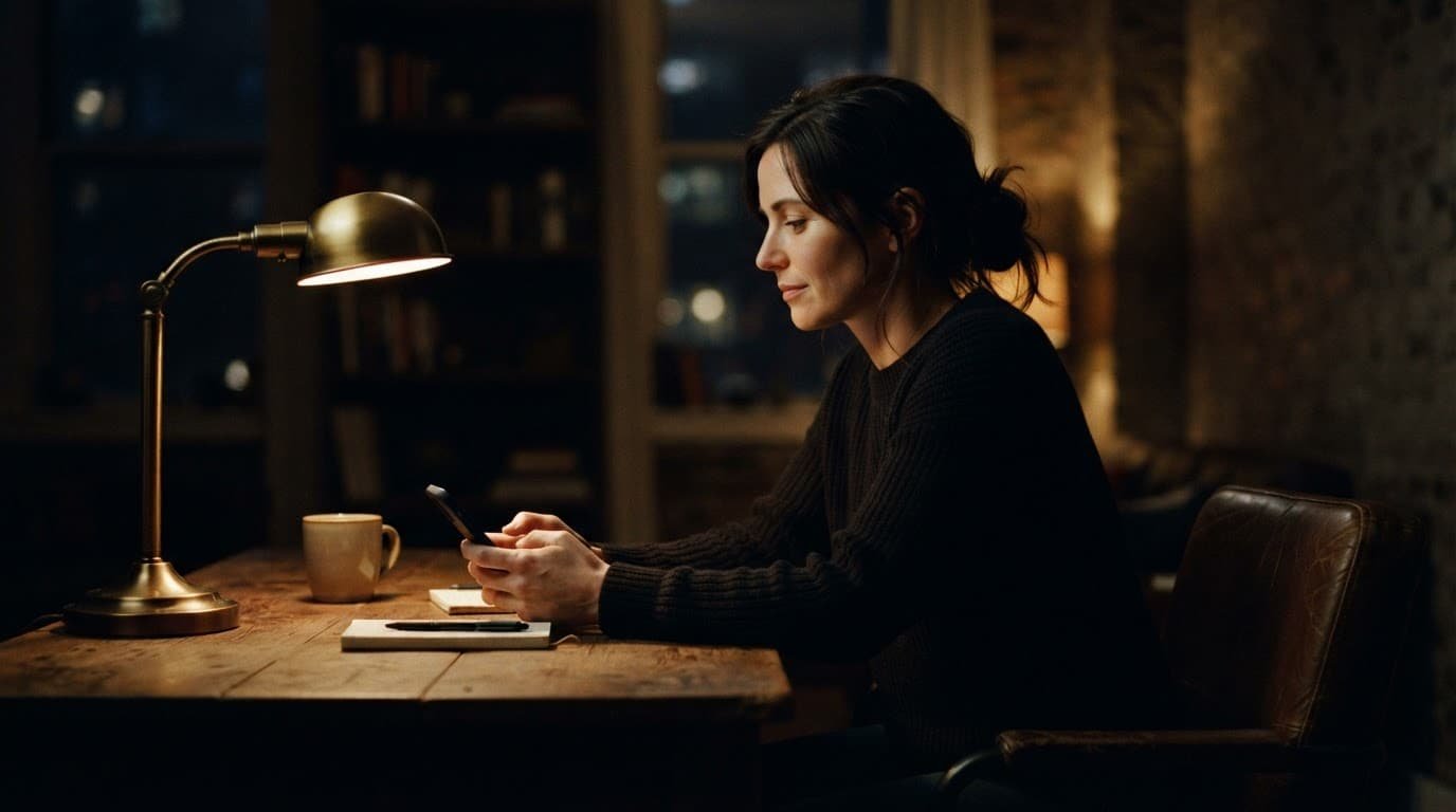 A calm person holds a phone beside a desk lit by a warm lamp.