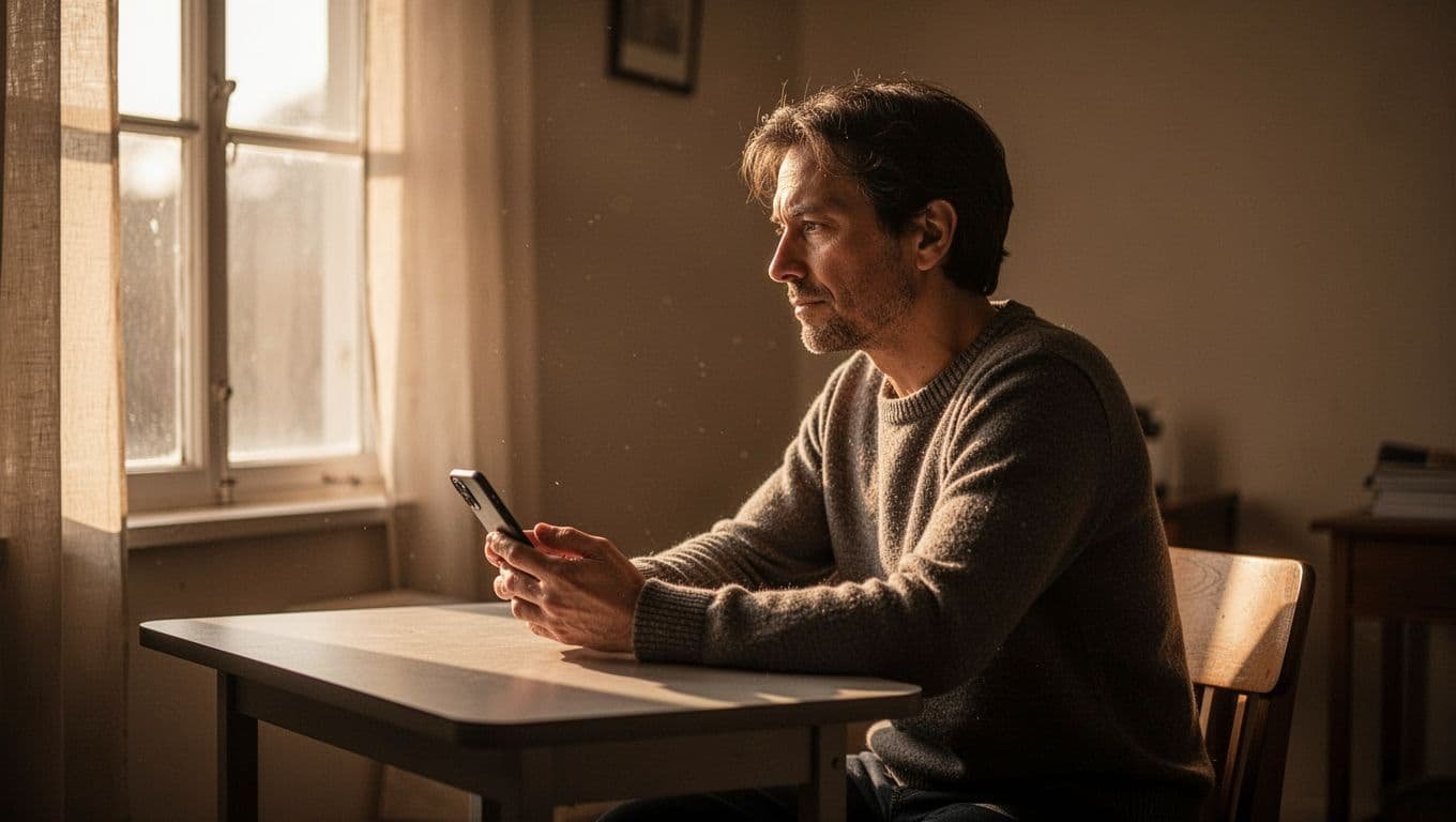 A person sits at a desk, holding a phone in warm morning light.