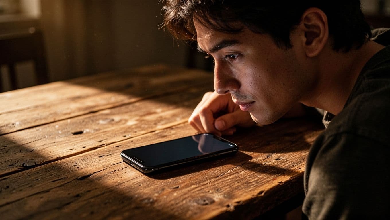 A person looks thoughtfully at a phone on a wooden table.