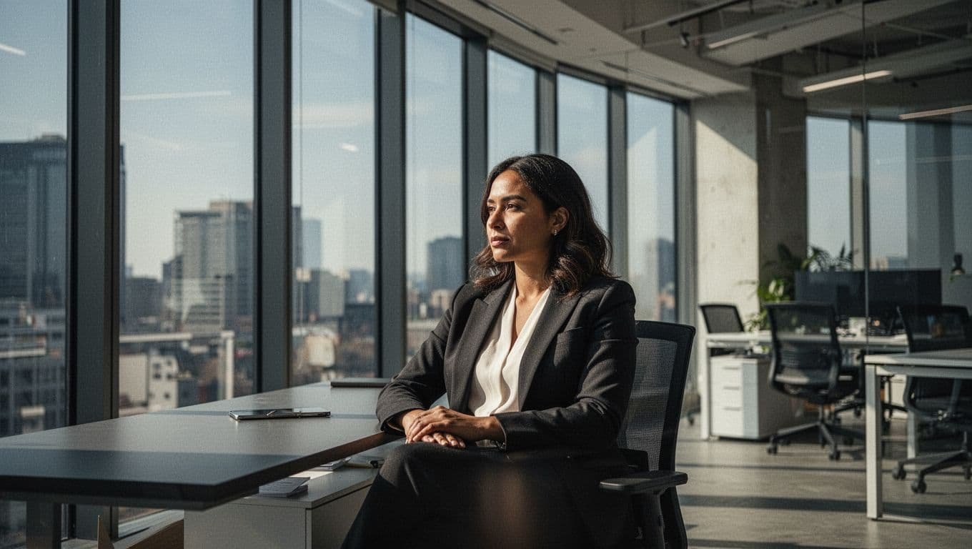 A professional woman stands thoughtfully in a bright modern office.
